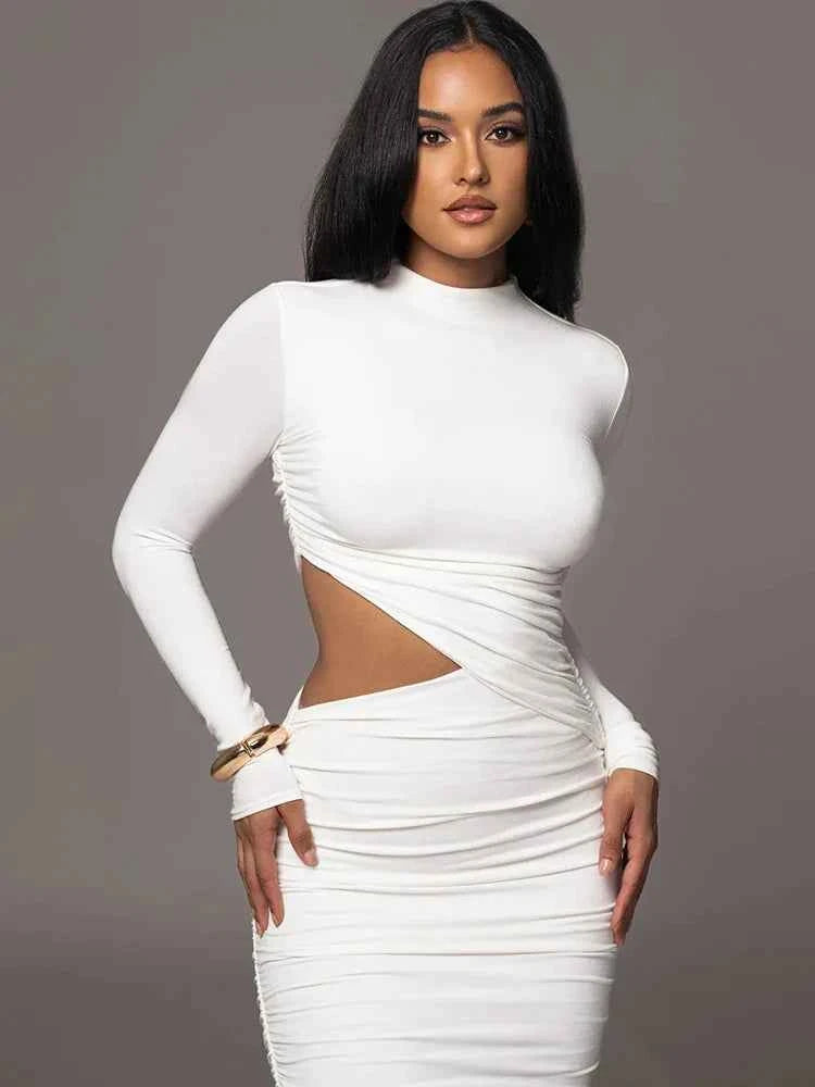 Vestido Midi Justo Drapeado com Recorte Lateral, Gola Alta e Manga Longa – Plouf VIEUX OFICIAL