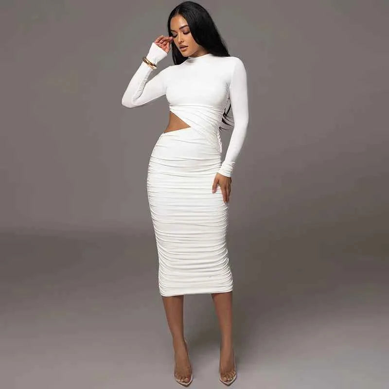 Vestido Midi Justo Drapeado com Recorte Lateral, Gola Alta e Manga Longa – Plouf VIEUX OFICIAL