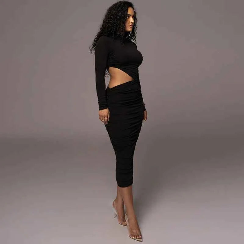 Vestido Midi Justo Drapeado com Recorte Lateral, Gola Alta e Manga Longa – Plouf VIEUX OFICIAL