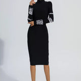 Vestido Midi Preto de Festa Justo com Gola Alta e Aplicações de Pedrarias Prateadas – Respire - VIEUX OFICIAL