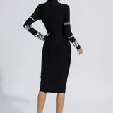 Vestido Midi Preto de Festa Justo com Gola Alta e Aplicações de Pedrarias Prateadas – Respire - VIEUX OFICIAL