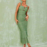 Vestido Midi Verde com Drapeado e Decote Estruturado - Navarro - VIEUX OFICIAL