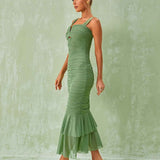 Vestido Midi Verde com Drapeado e Decote Estruturado - Navarro - VIEUX OFICIAL