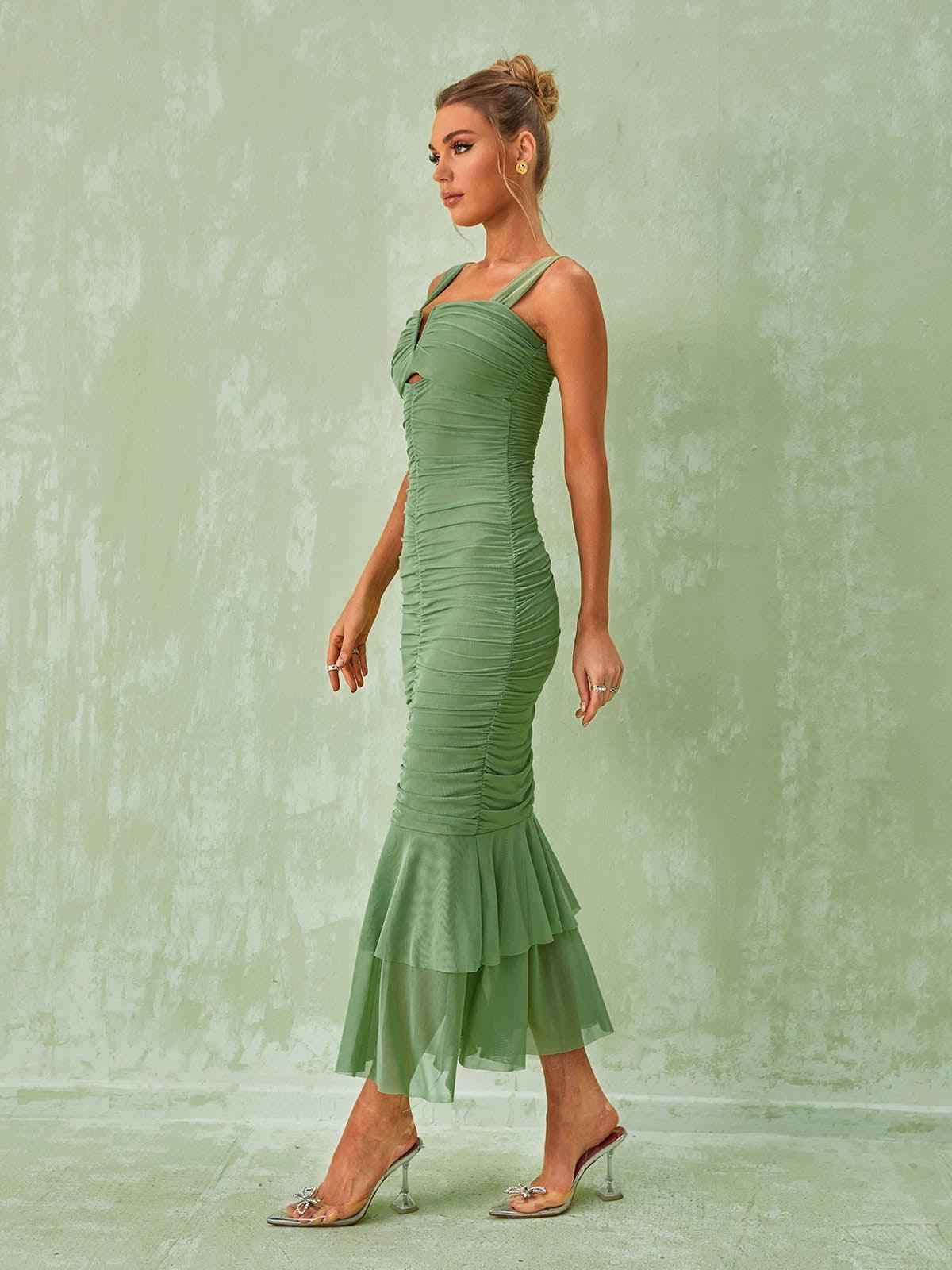 Vestido Midi Verde com Drapeado e Decote Estruturado - Navarro VIEUX OFICIAL