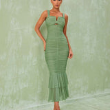 Vestido Midi Verde com Drapeado e Decote Estruturado - Navarro - VIEUX OFICIAL