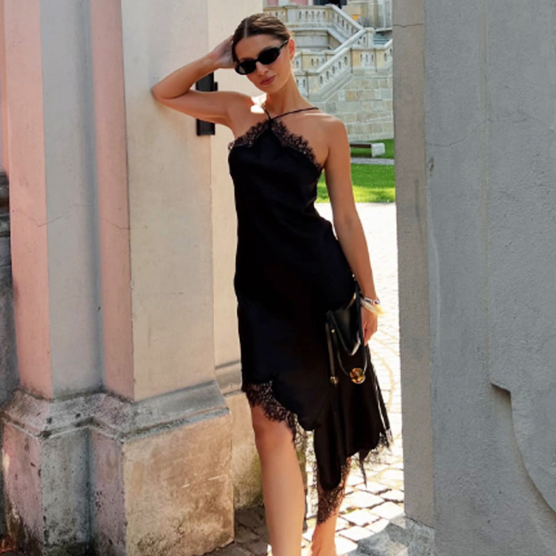 Vestido Midi de Cetim Assimétrico com Renda e Costas Nuas – Elara VIEUX OFICIAL