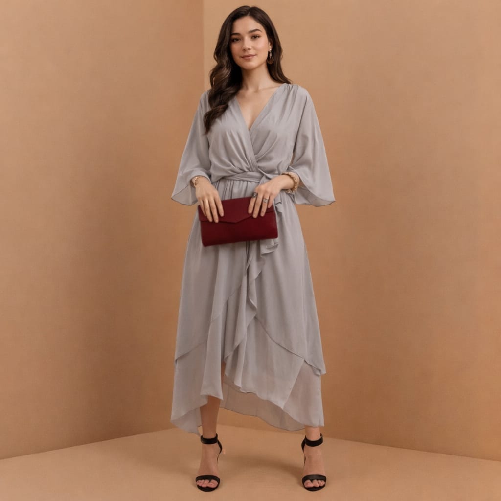 Vestido Midi de Festa Transpassado Fluido com Babados – Amélie VIEUX OFICIAL