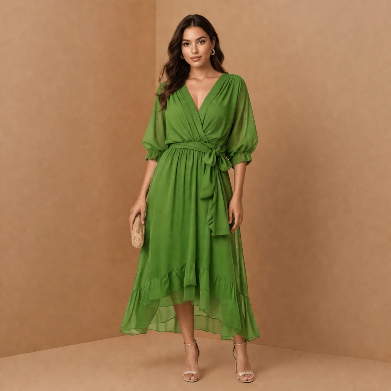 Vestido midi transpassado com babados e caimento fluido verde Fantine VIEUX OFICIAL