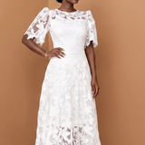 Vestido Midi de Festa em Renda Guipir Floral Evasê – Vivienne