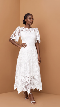 Vestido Midi de Festa em Renda Guipir Floral Evasê – Vivienne - VIEUX OFICIAL