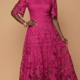Vestido Midi de Festa em Renda Guipir Floral Evasê – Vivienne