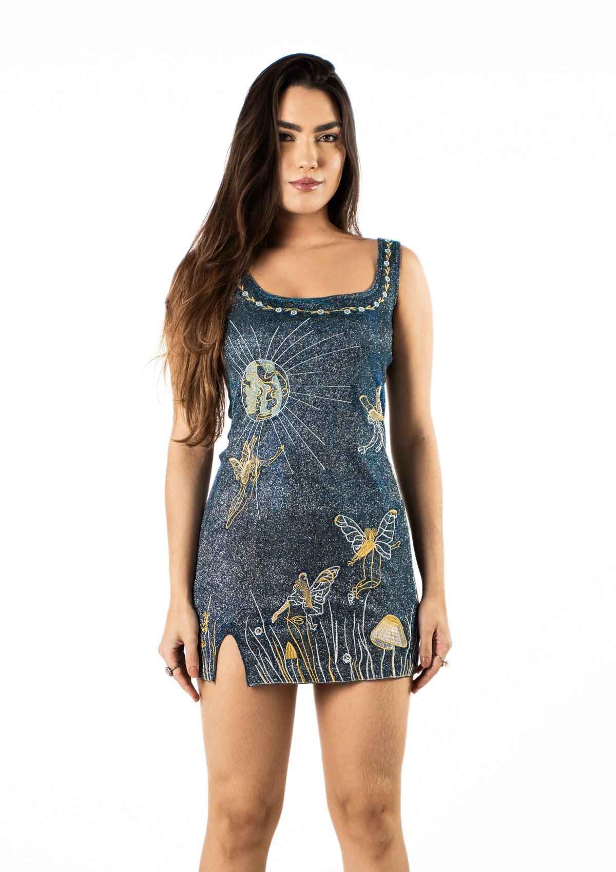 Vestido Feminino Curto Com Bordado e Fenda - Minuit - VIEUX OFICIAL