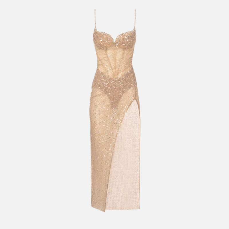 Vestido de festa midi dourado com brilho e corset transparente nude Mirage VIEUX OFICIAL