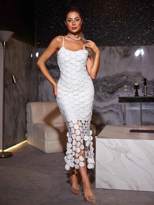 Vestido de festa midi de malha com aplicação de paetês vazados branco Papin VIEUX OFICIAL