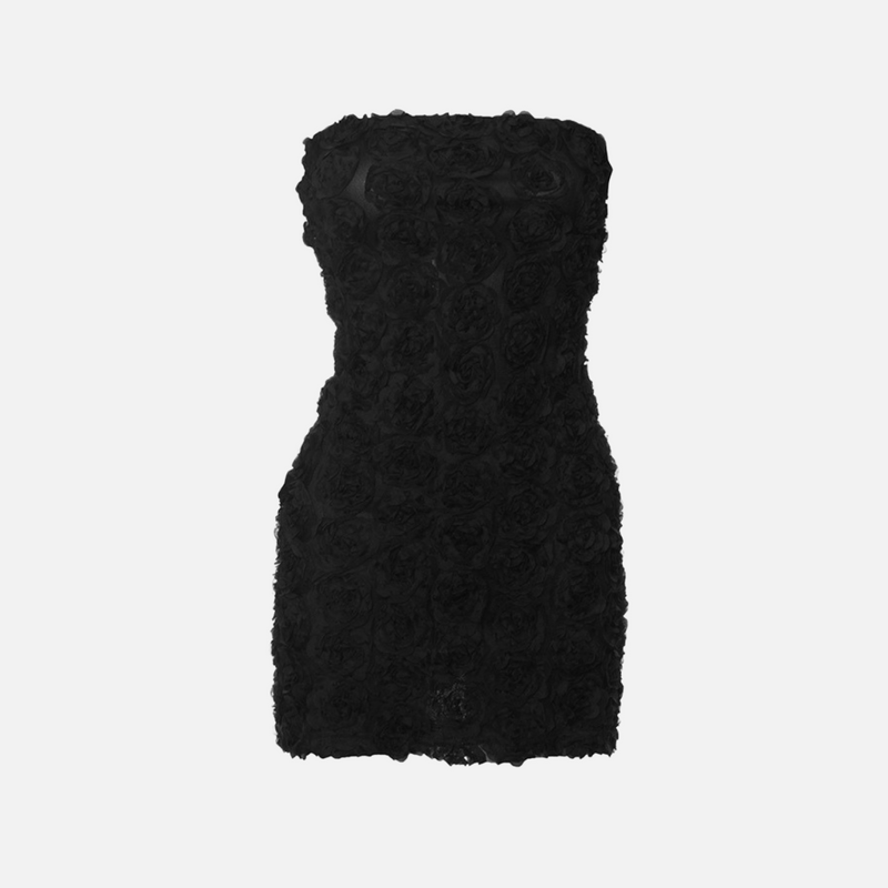 Vestido curto de festa tomara que caia com textura floral 3D em tule preto Payet VIEUX OFICIAL