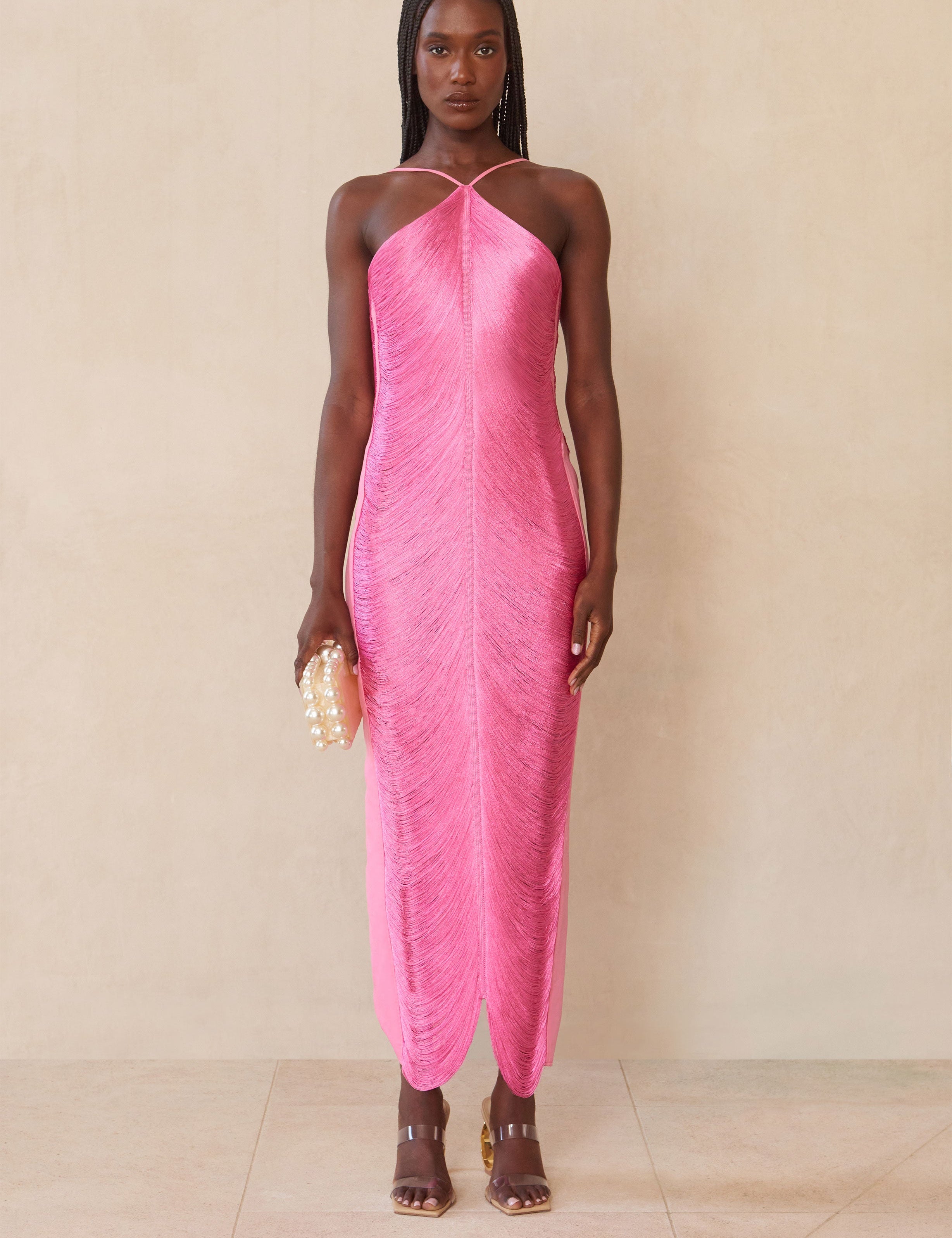 Vestido Perrot longo rosa em franjas VIEUX OFICIAL