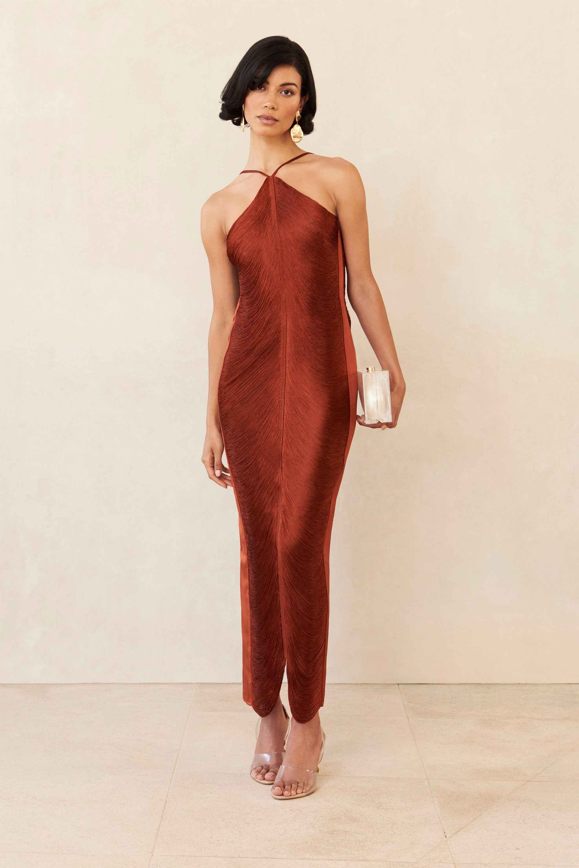 Vestido Longo de Festa com Franjas Metalizadas e Decote Halter Feminino – Perrot - VIEUX OFICIAL