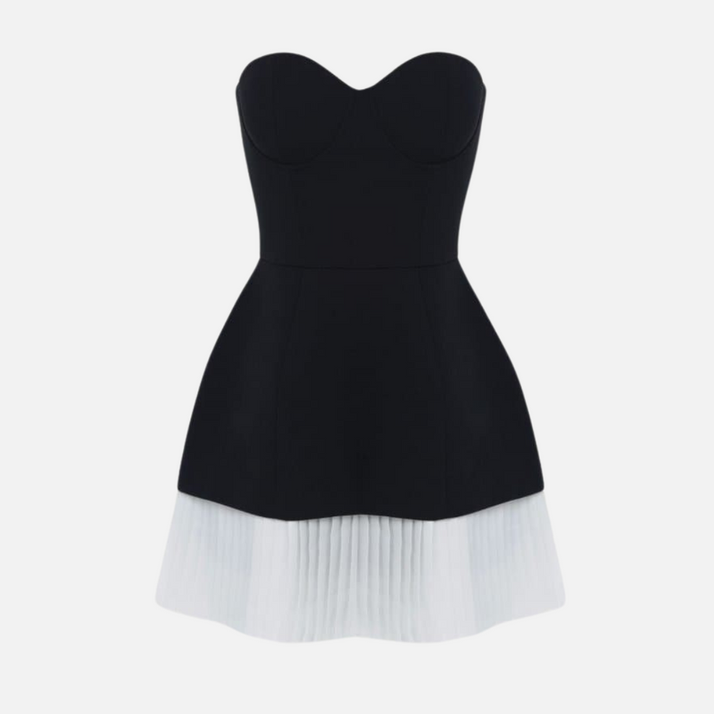 Vestido curto bicolor tomara que caia com corpete estruturado e saia plissada preto e branco Pogny VIEUX OFICIAL