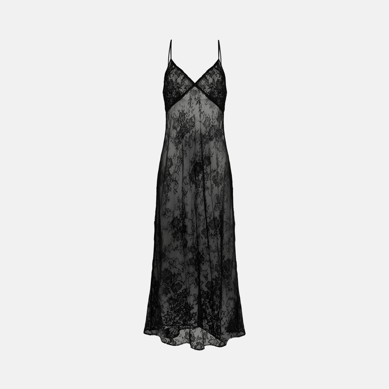 Vestido longo de renda transparente com alças finas e bordado floral preto Roune VIEUX OFICIAL