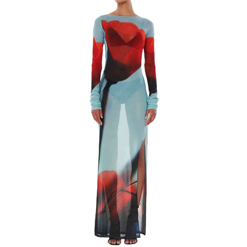 Vestido longo de tule estampado com gola canoa e manga longa azul Roys VIEUX OFICIAL