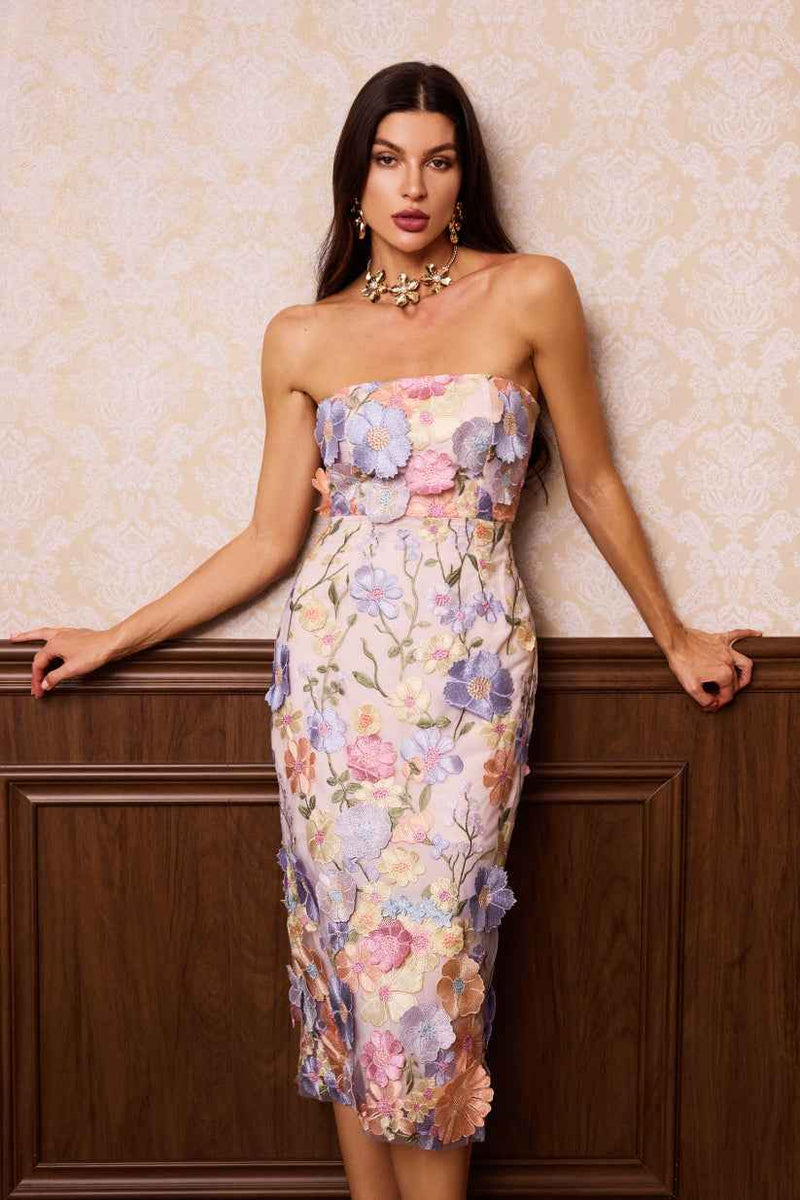 Vestido midi de festa tomara que caia com bordado floral 3D Rustique VIEUX OFICIAL
