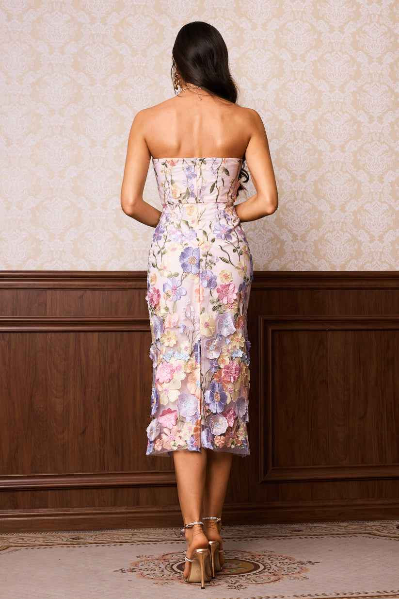 Vestido Midi de Festa Tomara que Caia com Bordado Floral 3D – Rustique