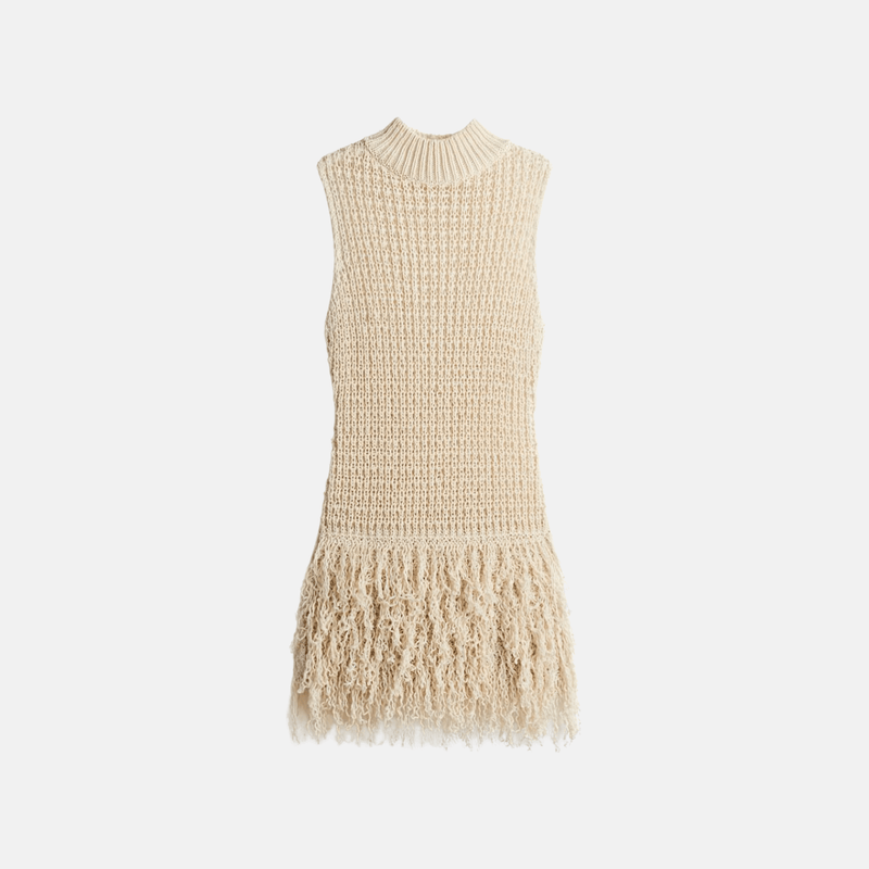 Vestido curto de crochê artesanal com franjas e gola alta nude Sable Clair VIEUX OFICIAL