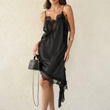 Vestido Slip Dress Curto de Seda com Renda Assimétrica – Amelie VIEUX OFICIAL