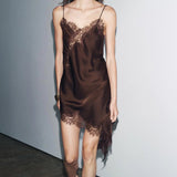 Vestido Slip Dress Curto de Seda com Renda Assimétrica – Amelie VIEUX OFICIAL