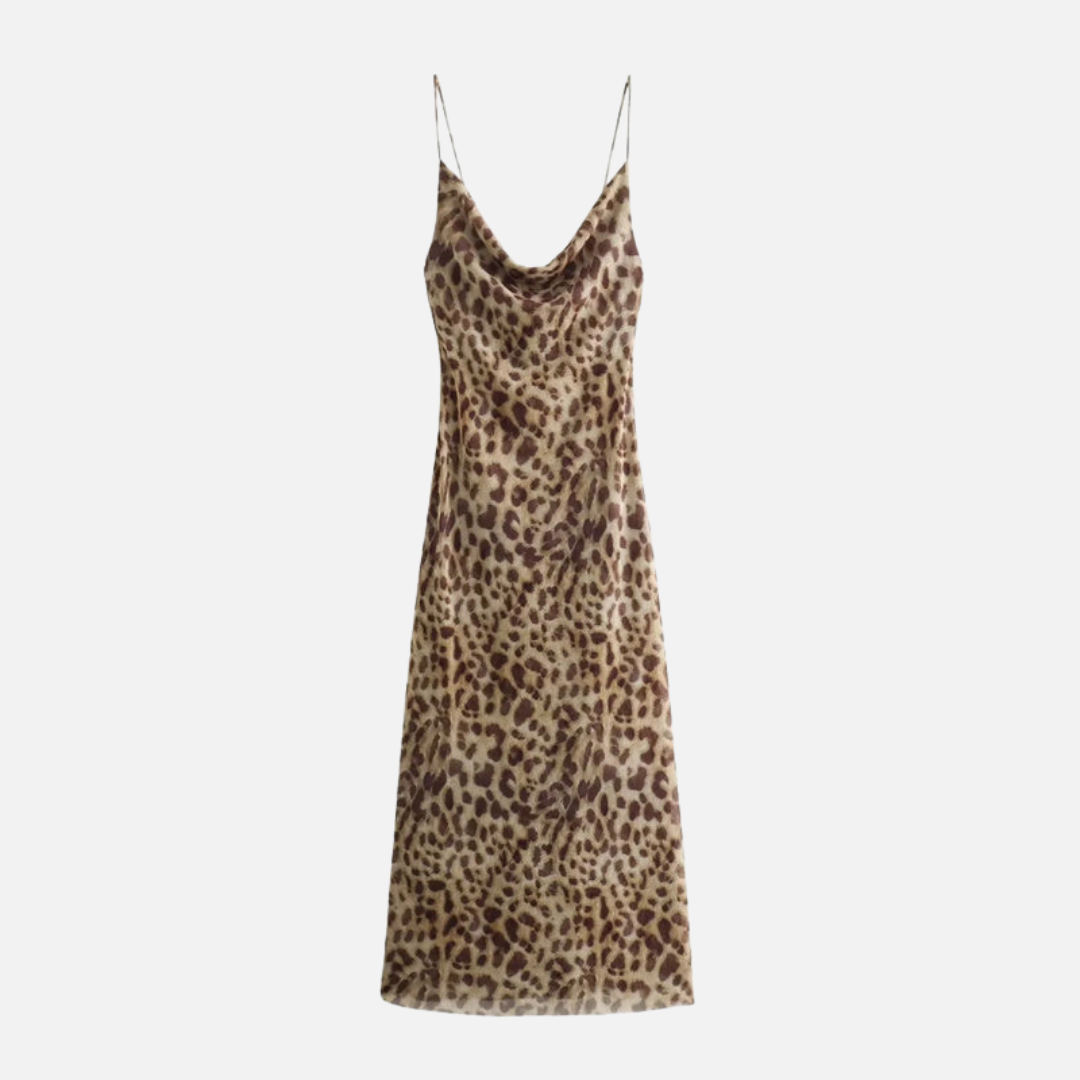 Vestido Slip Dress de Alça Fina com Estampa Animal Print em Cetim Acetinado – Souchon - VIEUX OFICIAL
