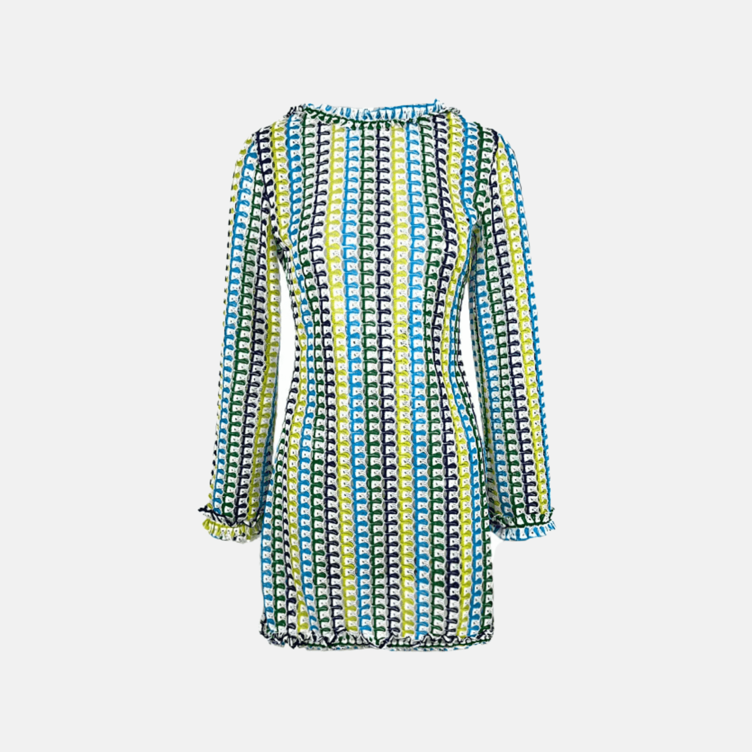 Vestido Curto de Tricô Estampado com Manga Sino e Decote Canoa – Camus - VIEUX OFICIAL