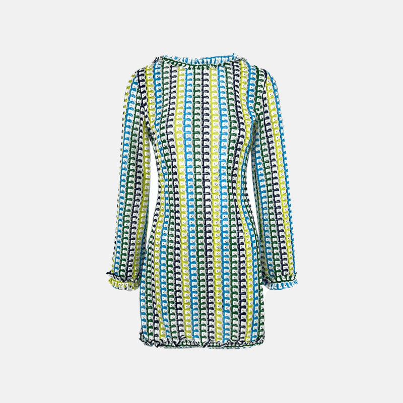 Vestido curto de tricô estampado com manga sino e decote canoa verde Camus VIEUX OFICIAL