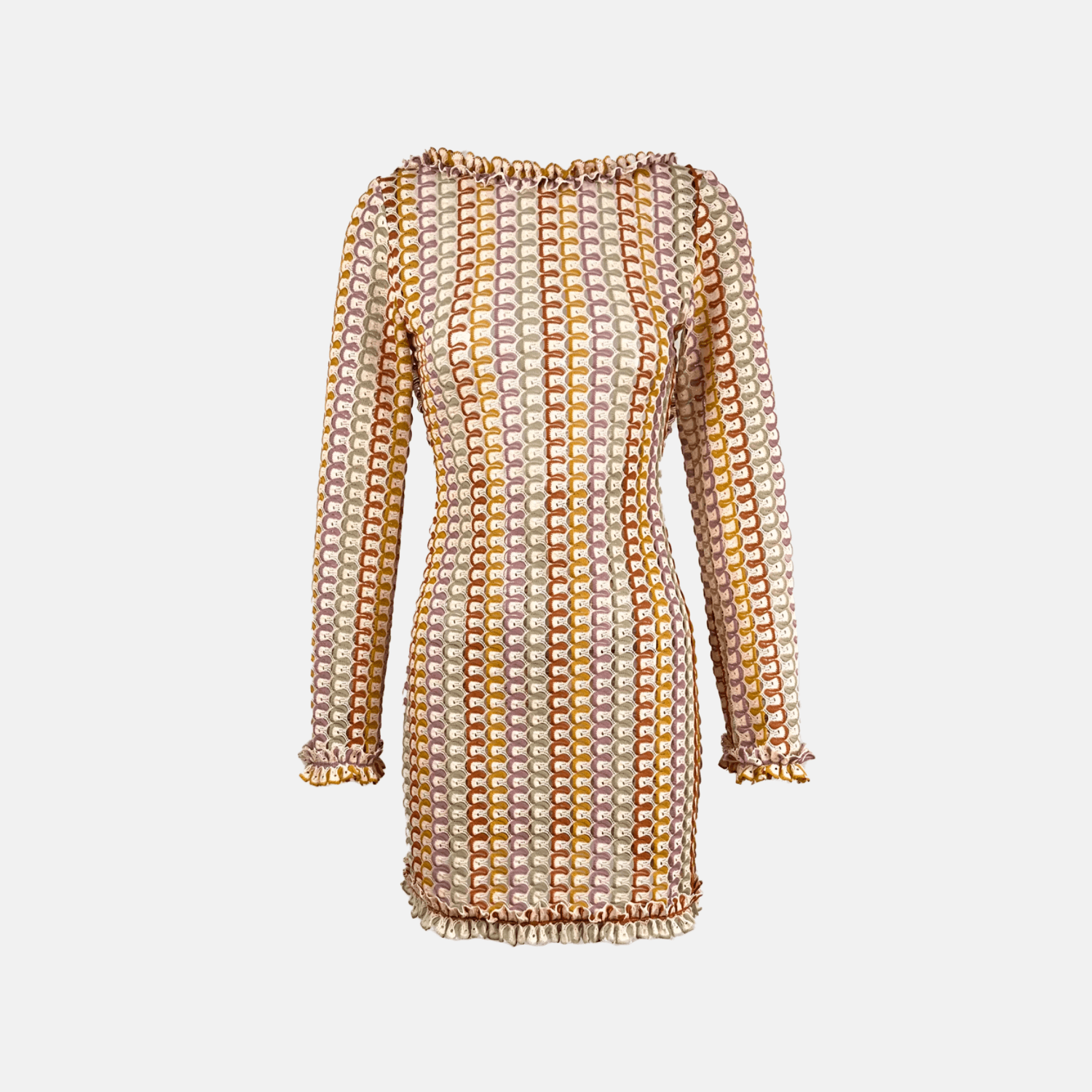 Vestido Curto de Tricô Estampado com Manga Sino e Decote Canoa – Camus - VIEUX OFICIAL