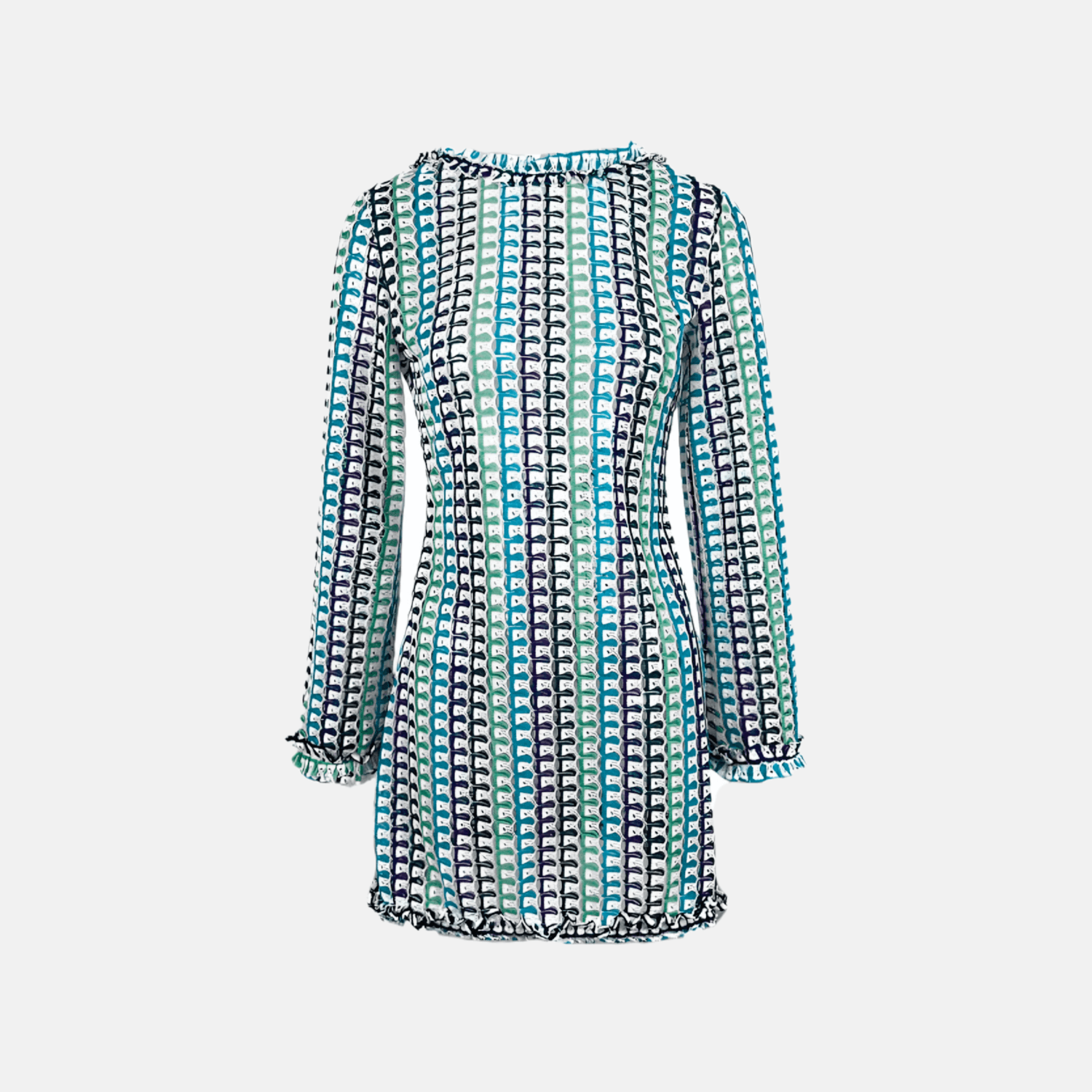 Vestido Curto de Tricô Estampado com Manga Sino e Decote Canoa – Camus - VIEUX OFICIAL