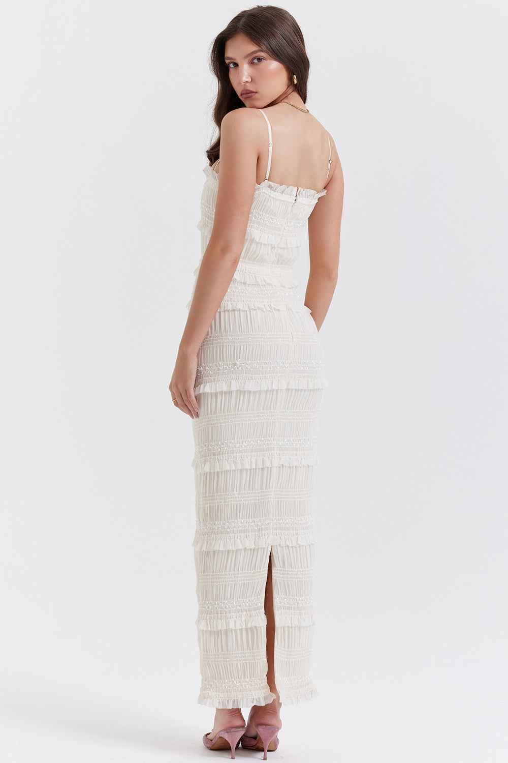 Vestido Longo Off White de Lastex com Babados e Brilho – Versailles - VIEUX OFICIAL