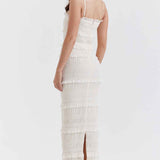 Vestido Longo Off White de Lastex com Babados e Brilho – Versailles - VIEUX OFICIAL