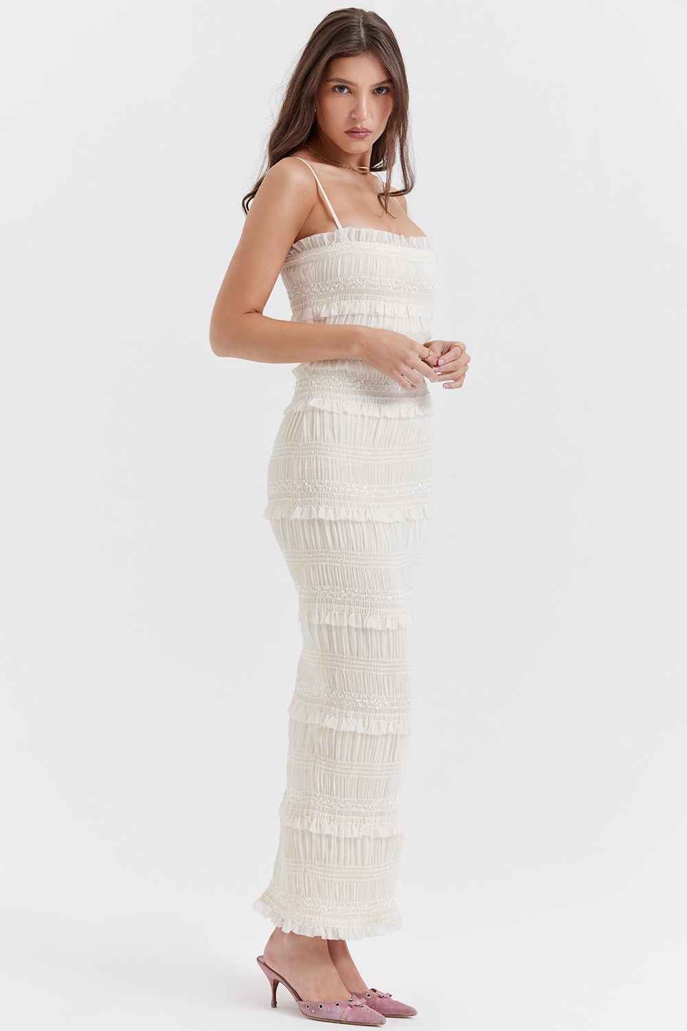 Vestido Longo Off White de Lastex com Babados e Brilho – Versailles - VIEUX OFICIAL