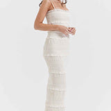 Vestido Longo Off White de Lastex com Babados e Brilho – Versailles - VIEUX OFICIAL