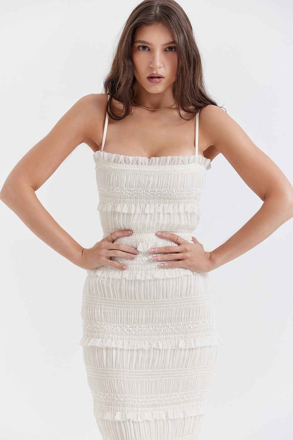 Vestido Longo Off White de Lastex com Babados e Brilho – Versailles - VIEUX OFICIAL