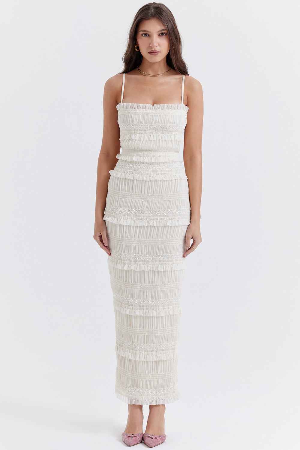 Vestido Longo Off White de Lastex com Babados e Brilho – Versailles - VIEUX OFICIAL