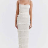 Vestido Longo Off White de Lastex com Babados e Brilho – Versailles - VIEUX OFICIAL