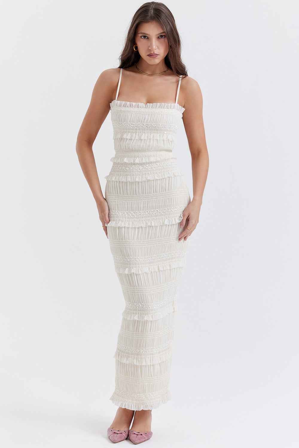 Vestido Longo Off White de Lastex com Babados e Brilho – Versailles - VIEUX OFICIAL