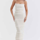Vestido Longo Off White de Lastex com Babados e Brilho – Versailles - VIEUX OFICIAL