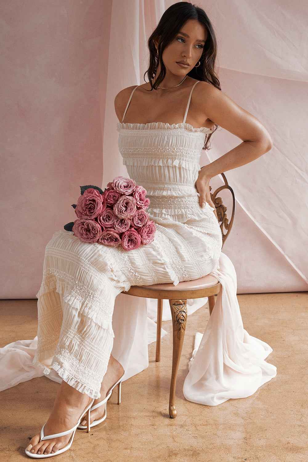 Vestido Longo Off White de Lastex com Babados e Brilho – Versailles - VIEUX OFICIAL