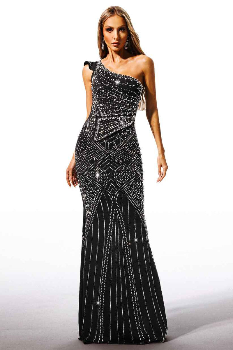 Vestido longo de festa assimétrico preto com pedrarias e bordado geométrico Zinc VIEUX OFICIAL