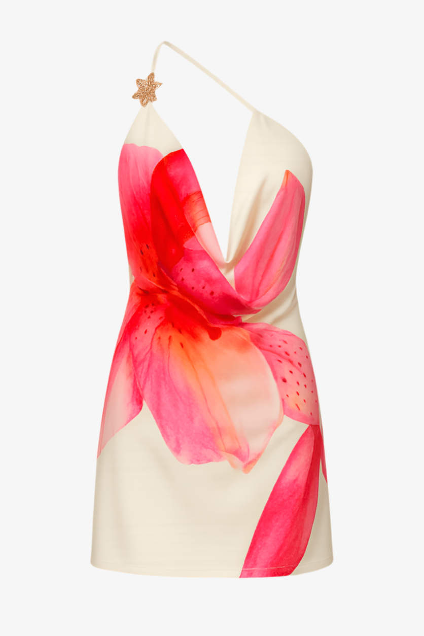 Vestido de Festa Curto Assimétrico com Estampa Maxi Floral e Decote Degagê – Corail VIEUX OFICIAL