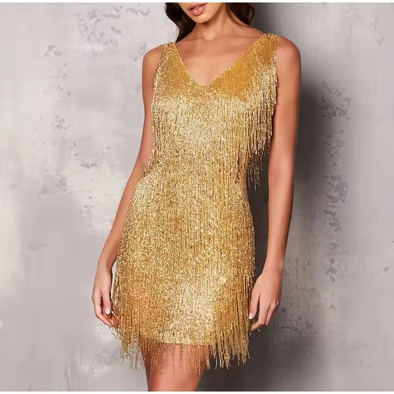 Vestido curto de festa dourado com franjas de lurex e base de paetês Ciel VIEUX OFICIAL