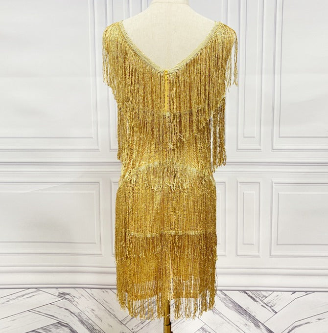 Vestido de Festa Curto com Franjas de Lurex Dourado e Base de Paetês – Ciel