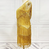 Vestido de Festa Curto com Franjas de Lurex Dourado e Base de Paetês – Ciel