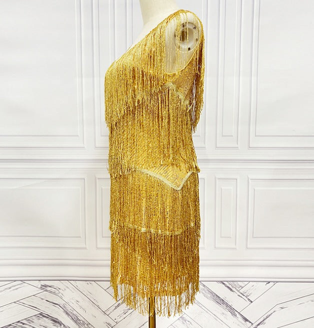 Vestido de Festa Curto com Franjas de Lurex Dourado e Base de Paetês – Ciel